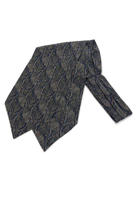 Yeşil Lacivert Şal Desen İtalyan İpek Ascot Kravat SAC79