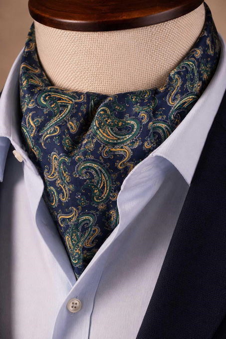 Yeşil Lacivert Şal Desen İtalyan İpek Ascot Kravat SAC66