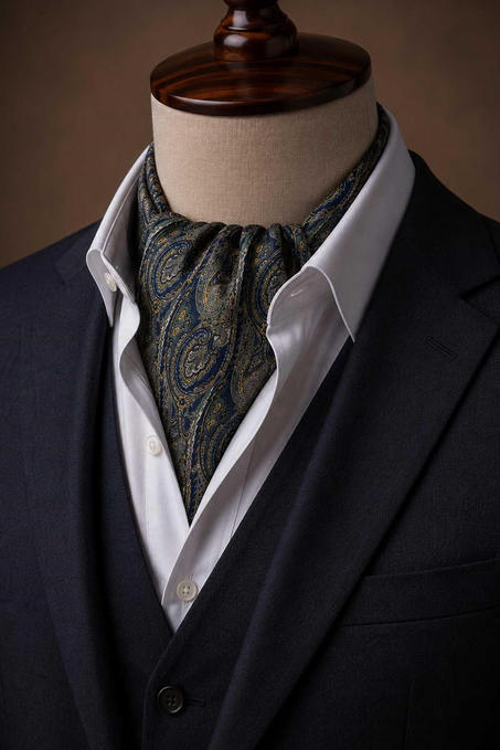 Yeşil Lacivert Şal Desen İtalyan İpek Ascot Kravat SAC79