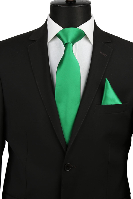 Yeşil Mendilli Düz Saten Kravat KK1130