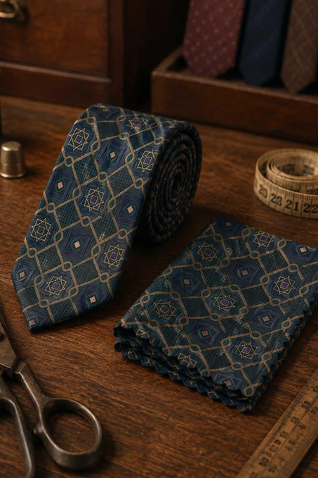 Yeşil Motif Desen Mendilli Klasik Kravat KK13770