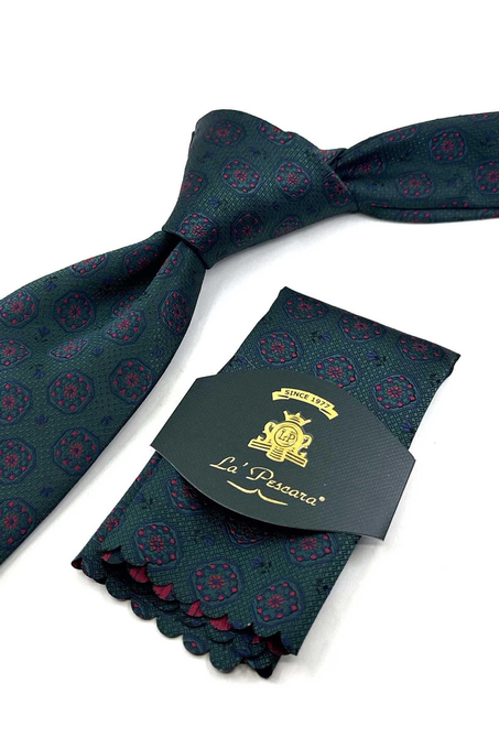 Yeşil Motif Desen Mendilli Klasik Kravat KK13947