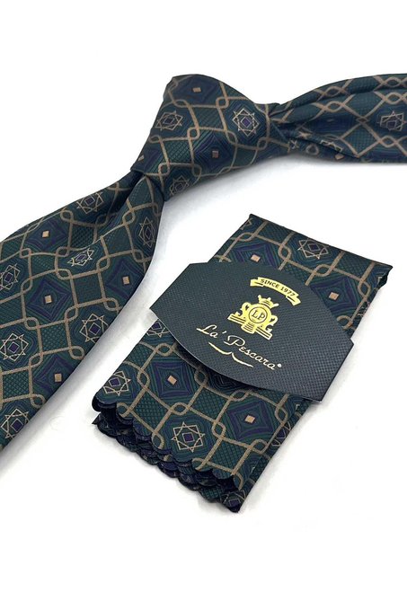 Yeşil Motif Desen Mendilli Klasik Kravat KK13770