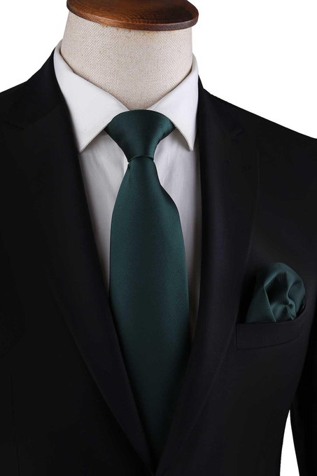 Yeşil Reps Dokulu Düz Mendilli Klasik Kravat KK13181