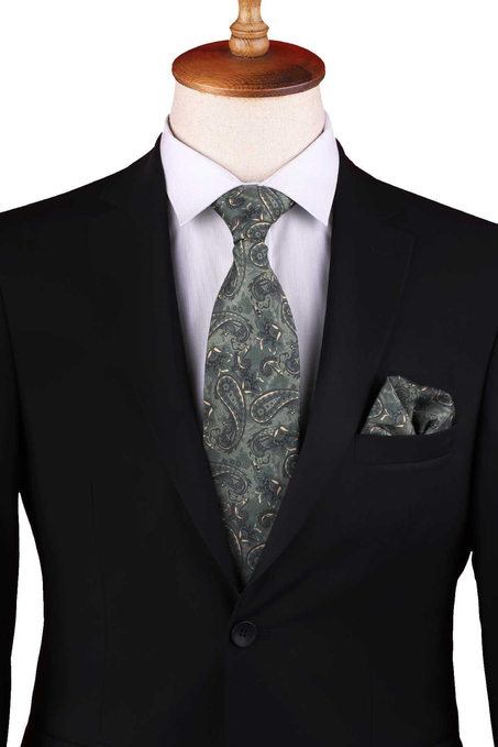 Yeşil Şal Desen Baskılı Mendilli Klasik Kravat KK13344