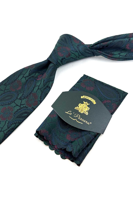 Yeşil Şal Desen Mendilli Klasik Kravat KK13126