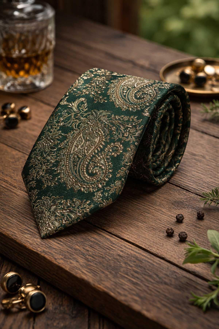 Yeşil Şal Desen Mendilli Klasik Kravat KK13120