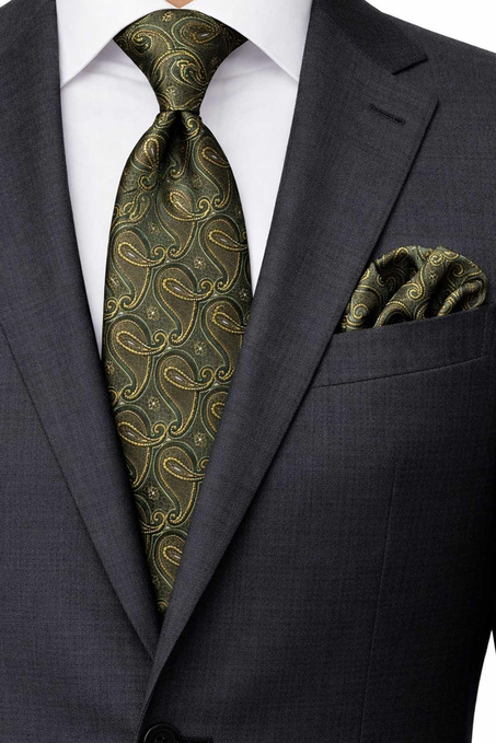 Yeşil Şal Desen Mendilli Klasik Kravat KK13120