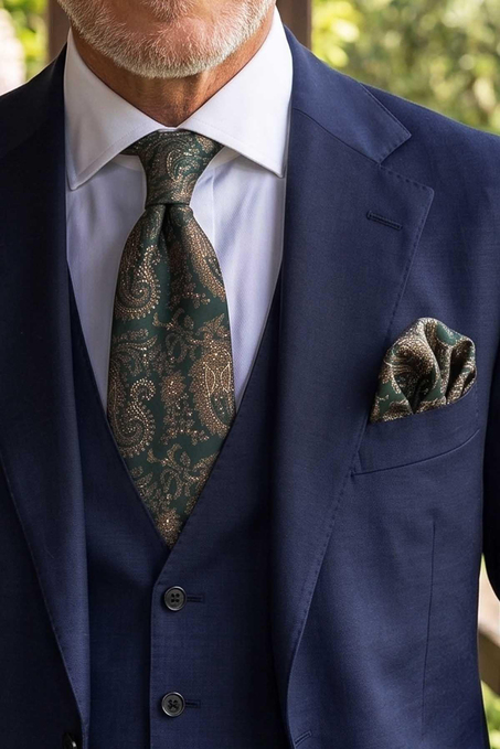 Yeşil Şal Desen Mendilli Klasik Kravat KK13120