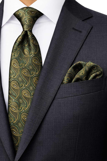 Yeşil Şal Desen Mendilli Klasik Kravat KK13120