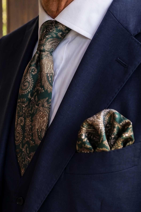 Yeşil Şal Desen Mendilli Klasik Kravat KK13120