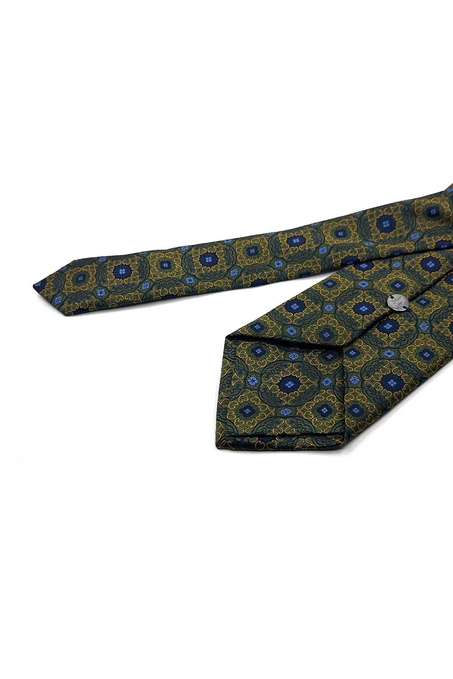 Yeşil Sarı Motif Desen Mendilli Klasik Kravat KK13759