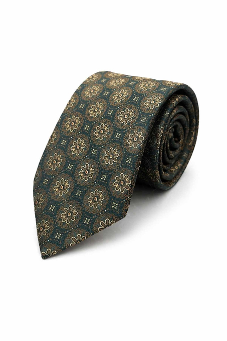 Yeşil - Sarı Motif Desen Mendilli Klasik Kravat KK13703