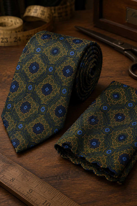 Yeşil Sarı Motif Desen Mendilli Klasik Kravat KK13759