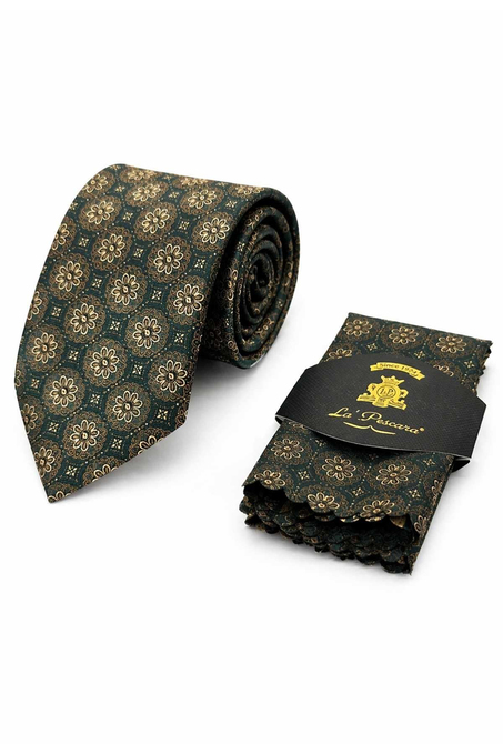 Yeşil - Sarı Motif Desen Mendilli Klasik Kravat KK13703