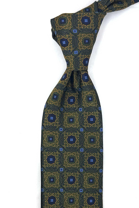 Yeşil Sarı Motif Desen Mendilli Klasik Kravat KK13759
