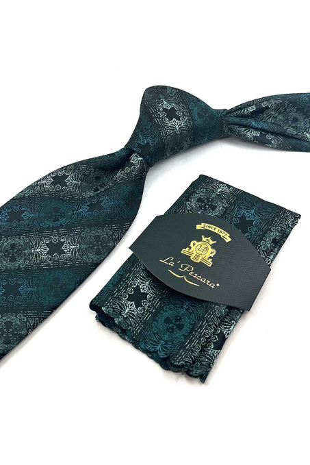 Yeşil Siyah Motif Desen Mendilli Klasik Kravat KK13725