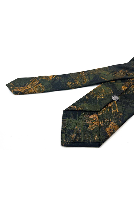 Yeşil Turuncu Motif Desen Mendilli Klasik Kravat KK13747