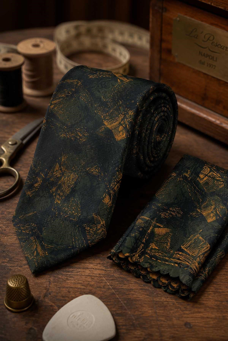 Yeşil Turuncu Motif Desen Mendilli Klasik Kravat KK13747