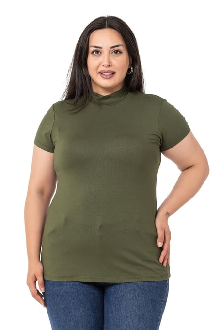 Büyük Beden Yarım Balıkçı Kısa Kollu Viskon Haki Body