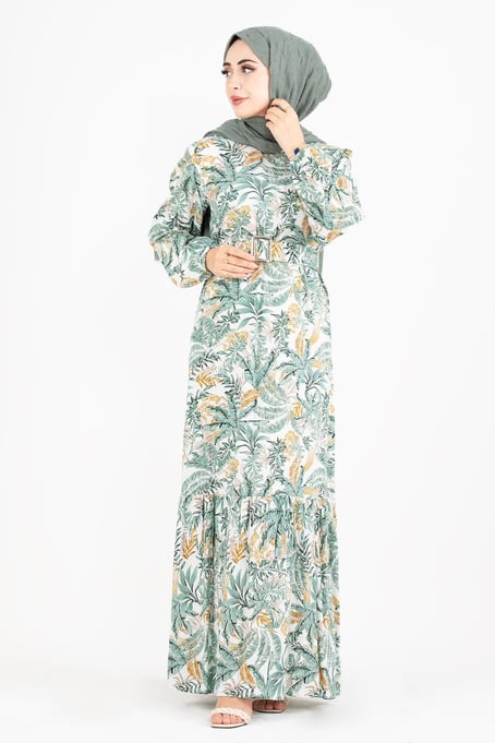 Palm Pattern Coating Viscose Belted Dress-Mint Green