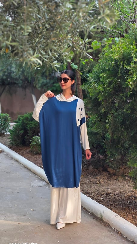Patchwork Kapüşonlu Yarasa Kol Tunik İndigo Mavi