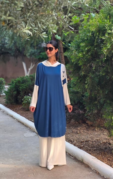 Patchwork Kapüşonlu Yarasa Kol Tunik İndigo Mavi