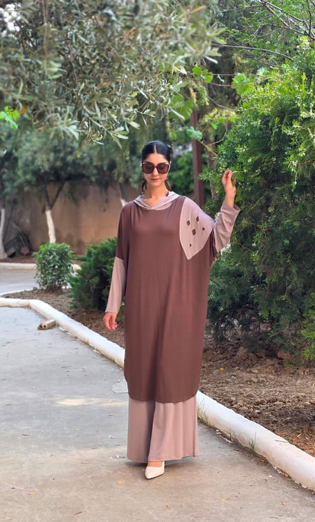 Patchwork Kapüşonlu Yarasa Kol Tunik Kahverengi