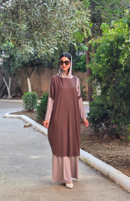 Patchwork Kapüşonlu Yarasa Kol Tunik Kahverengi