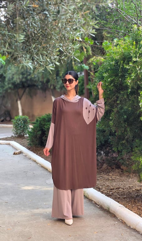 Patchwork Kapüşonlu Yarasa Kol Tunik Kahverengi