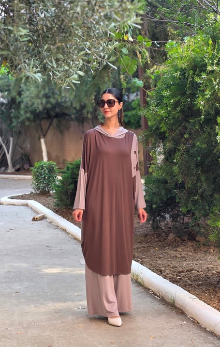 Patchwork Kapüşonlu Yarasa Kol Tunik Kahverengi