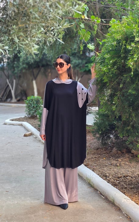 Patchwork Kapüşonlu Yarasa Kol Tunik Siyah