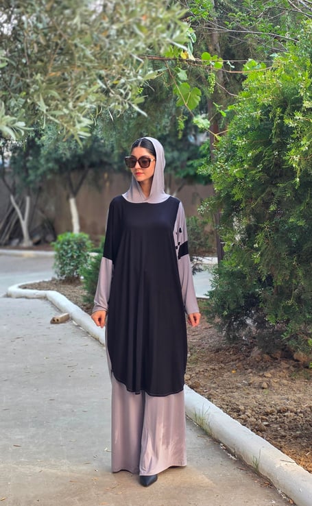 Patchwork Kapüşonlu Yarasa Kol Tunik Siyah
