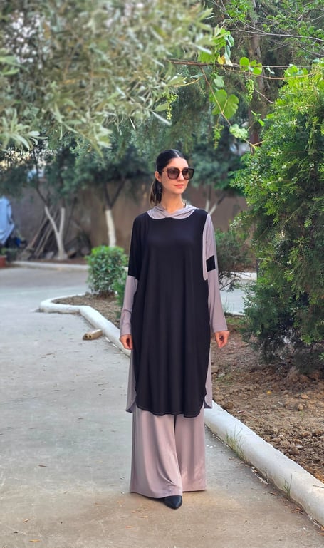 Patchwork Kapüşonlu Yarasa Kol Tunik Siyah