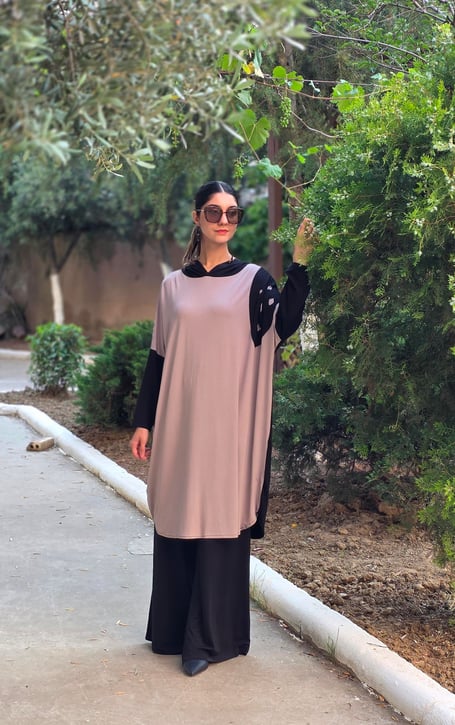 Patchwork Kapüşonlu Yarasa Kol Tunik Vizon