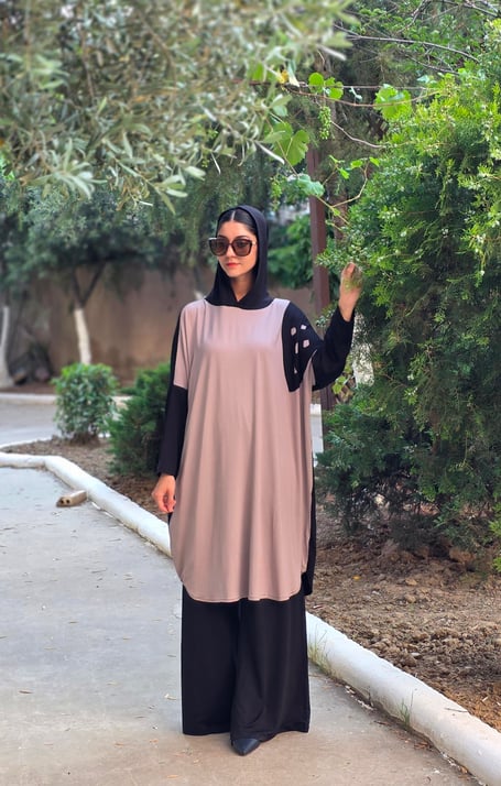 Patchwork Kapüşonlu Yarasa Kol Tunik Vizon