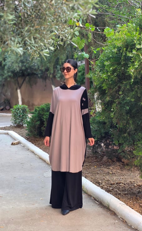 Patchwork Kapüşonlu Yarasa Kol Tunik Vizon