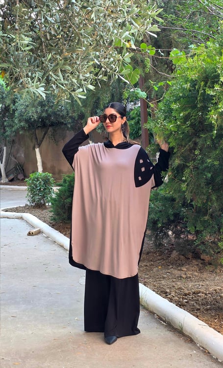 Patchwork Kapüşonlu Yarasa Kol Tunik Vizon