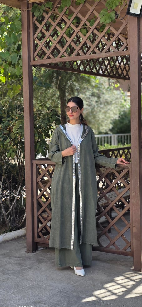 keten salaş tarz hırka kimono-Haki Yeşil