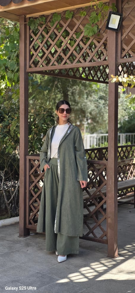 keten salaş tarz hırka kimono-Haki Yeşil