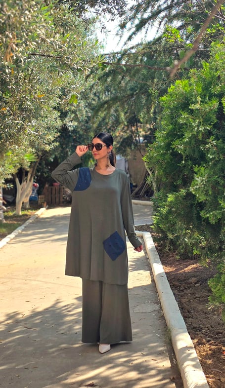 Penye Patchwork Tunik Haki Yeşili