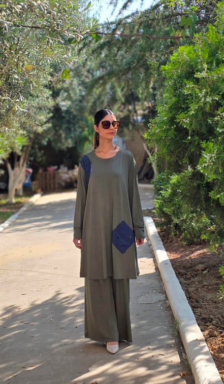 Penye Patchwork Tunik Haki Yeşili