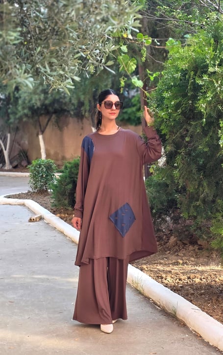 Penye Patchwork Tunik Kahve Rengi 