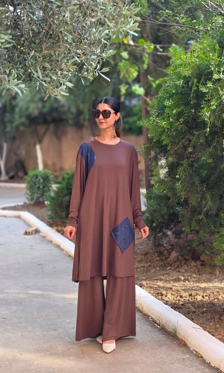 Penye Patchwork Tunik Kahve Rengi 