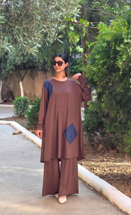 Penye Patchwork Tunik Kahve Rengi 
