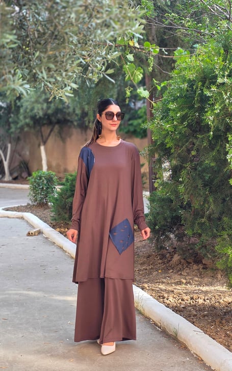 Penye Patchwork Tunik Kahve Rengi 