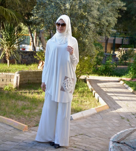 Yarasa Kol Patchwork Tunik Beyaz