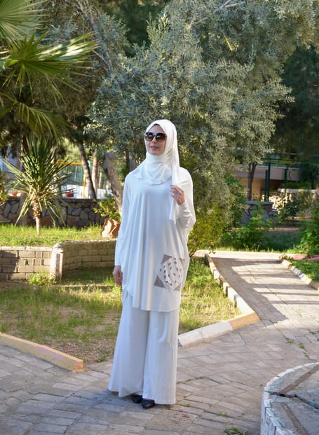 Yarasa Kol Patchwork Tunik Beyaz