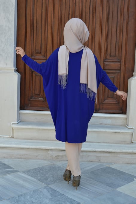 Yarasa Kol Patchwork Tunik Saks Mavisi