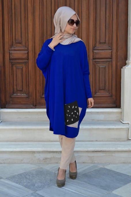 Yarasa Kol Patchwork Tunik Saks Mavisi